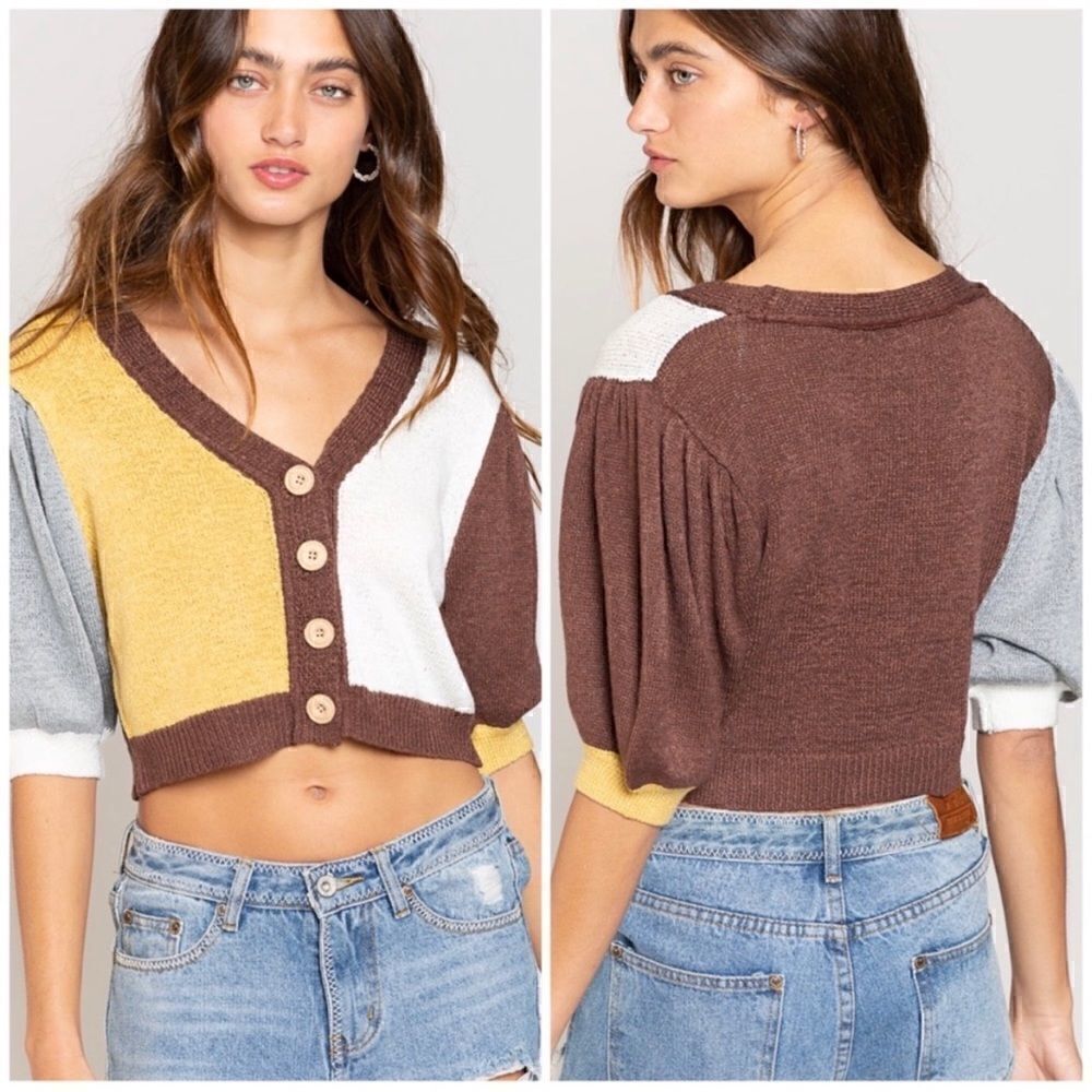 POL Vintage Vibes Colorblock Cropped Cardigan Puff Sleeve